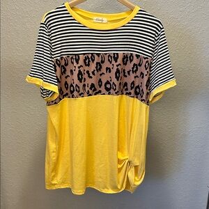 Stylish Yellow and Black Striped Leopard Print Tee